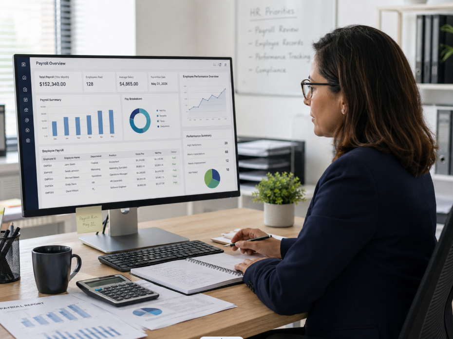 Payroll management dashboard reviewed by an HR manager.