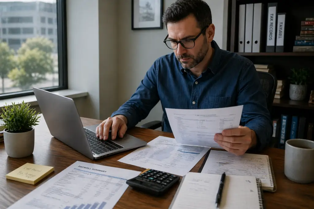 Alt Text: Small business payroll processing on laptop with documents and calculator on desk.