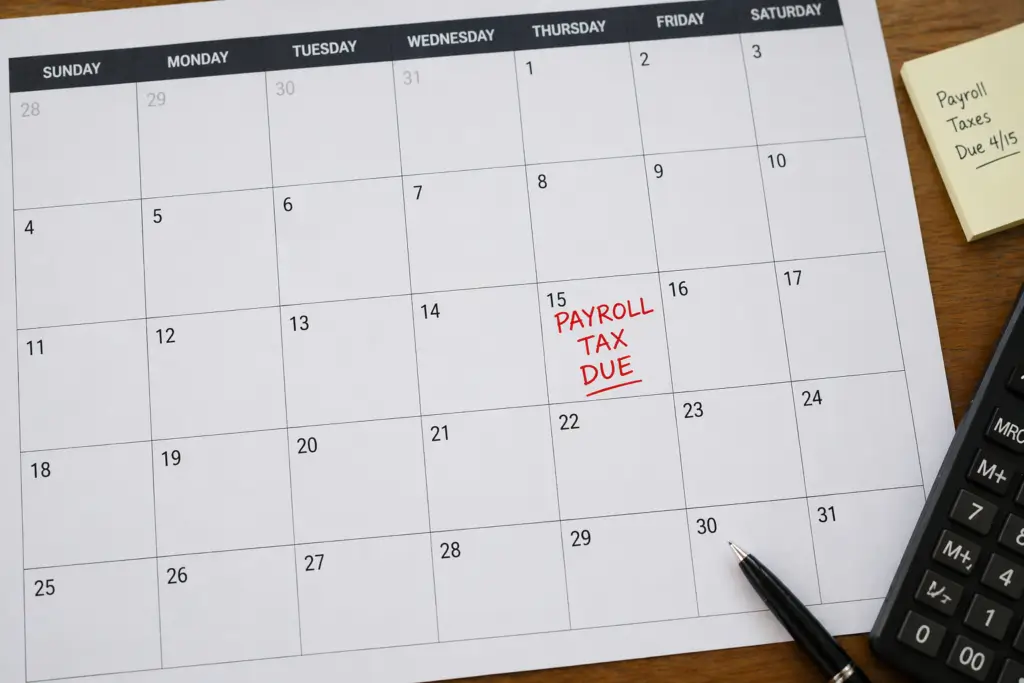 Small business payroll taxes due marked on calendar reminder.