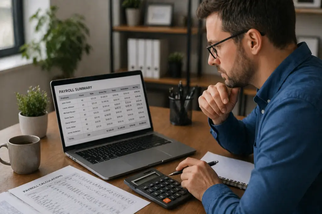 Alt Text: Checking small business payroll calculations for accuracy on a computer in an office setting.