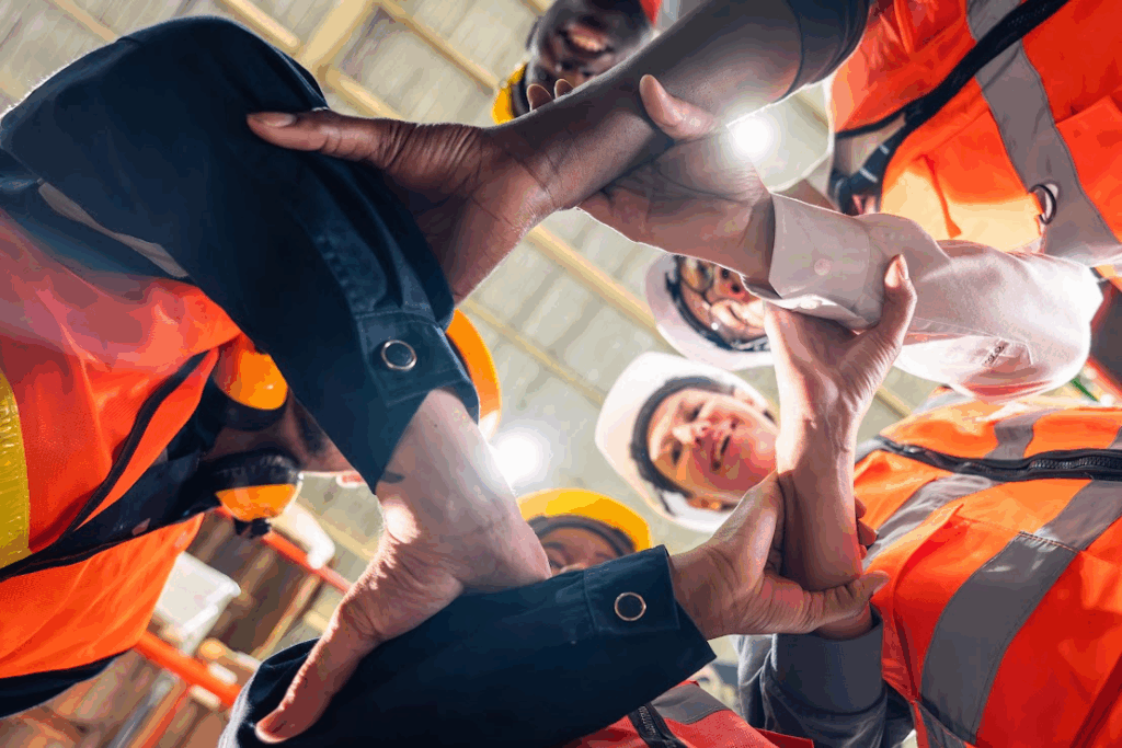 A team of workers are holding onto each other's hands.