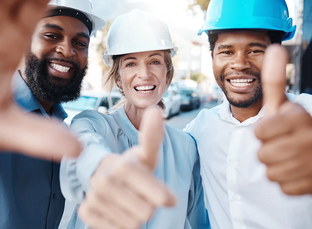 A team of independent contractors wearing safety gear give a thumbs up.