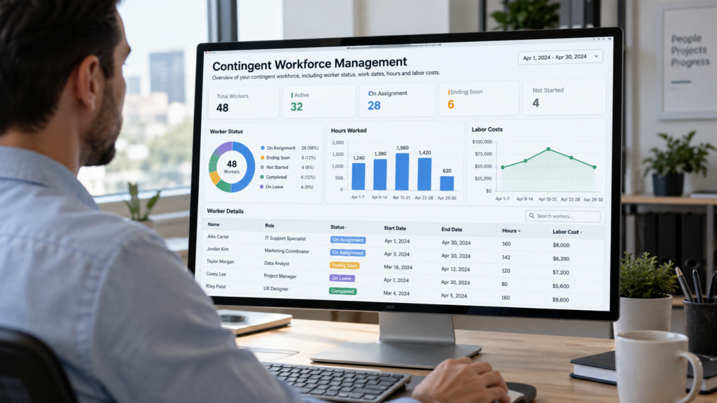 Contingent workforce management dashboard showing worker status, work dates, hours, and labor costs.