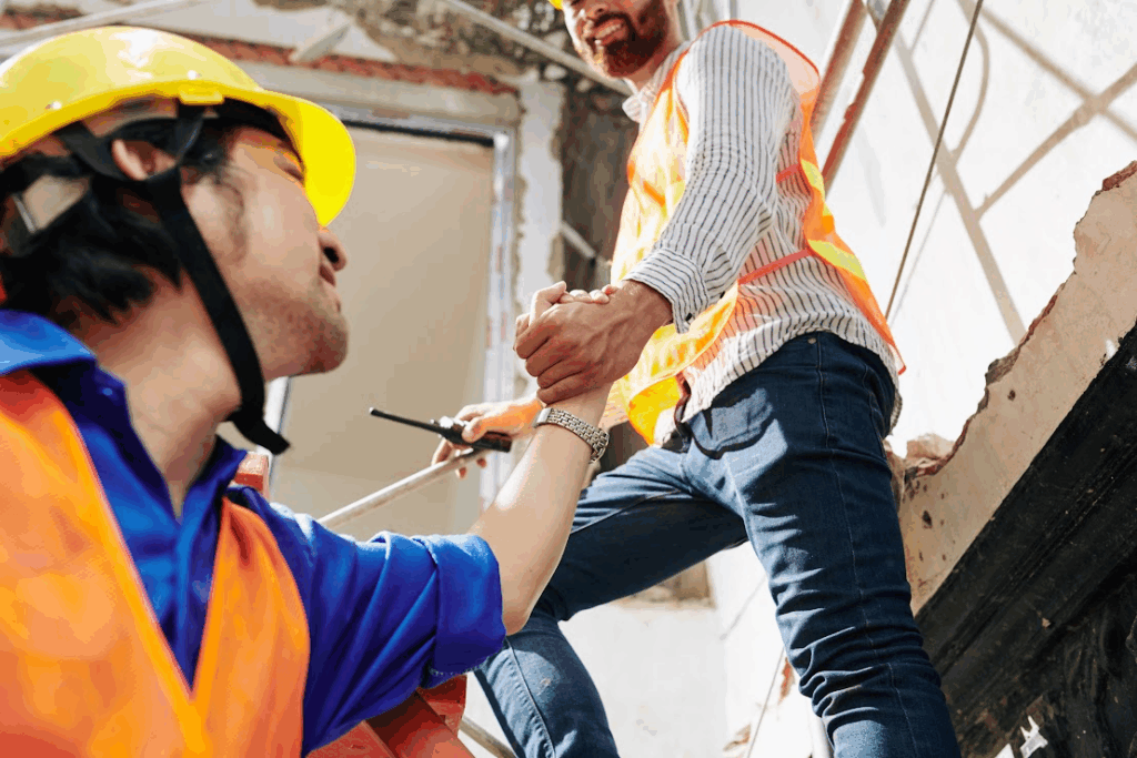 One worker is giving one else a hand.