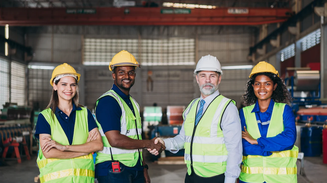 A team of engineers and independent contractors shake hands on a jobsite.