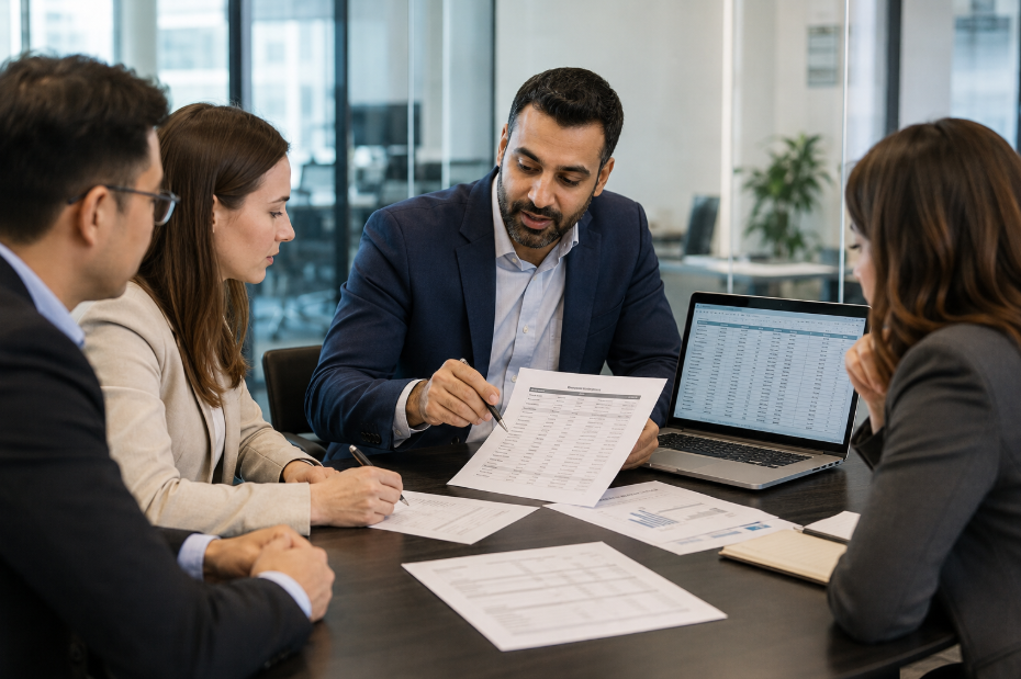Corporate payroll consultant reviewing employee pay records with an HR team.