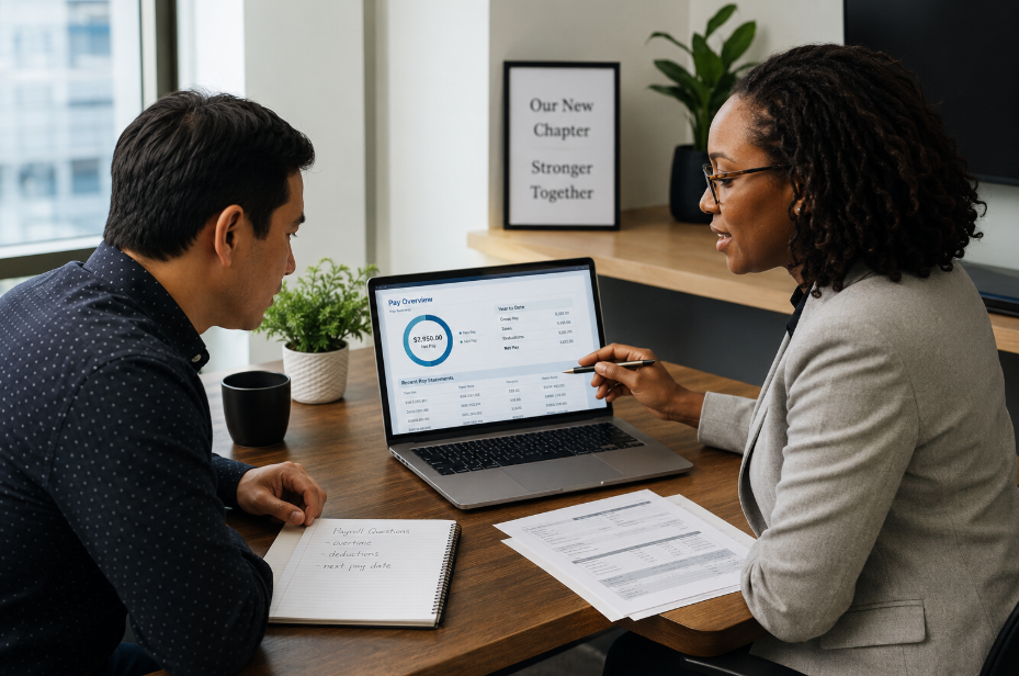 Corporate payroll consultant explaining payroll changes to an employee after a merger.