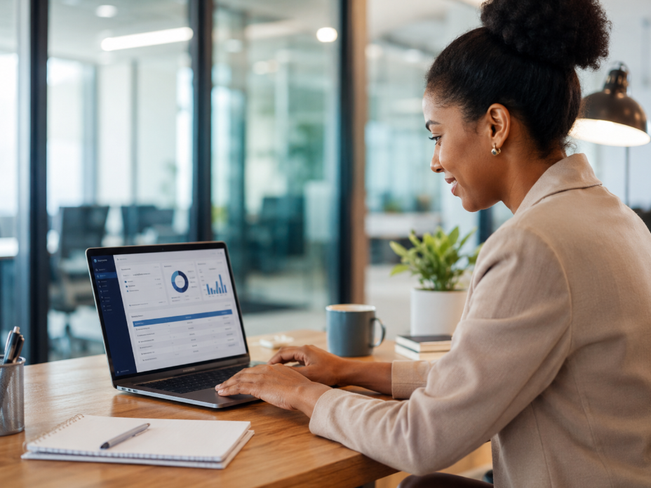 Online payroll services help an employee review payroll information on a laptop.