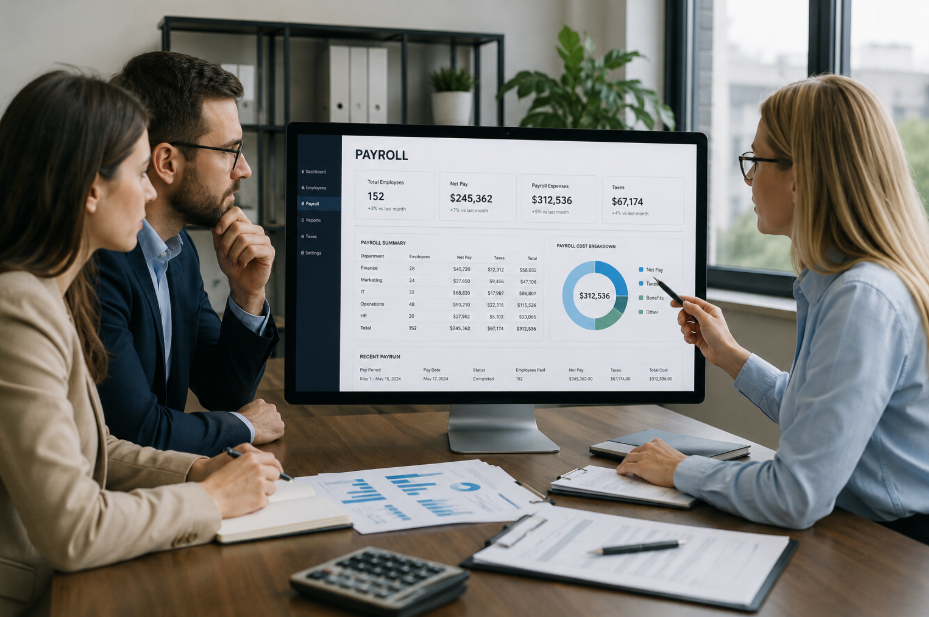 Office team reviewing payroll software for corporate payroll services,