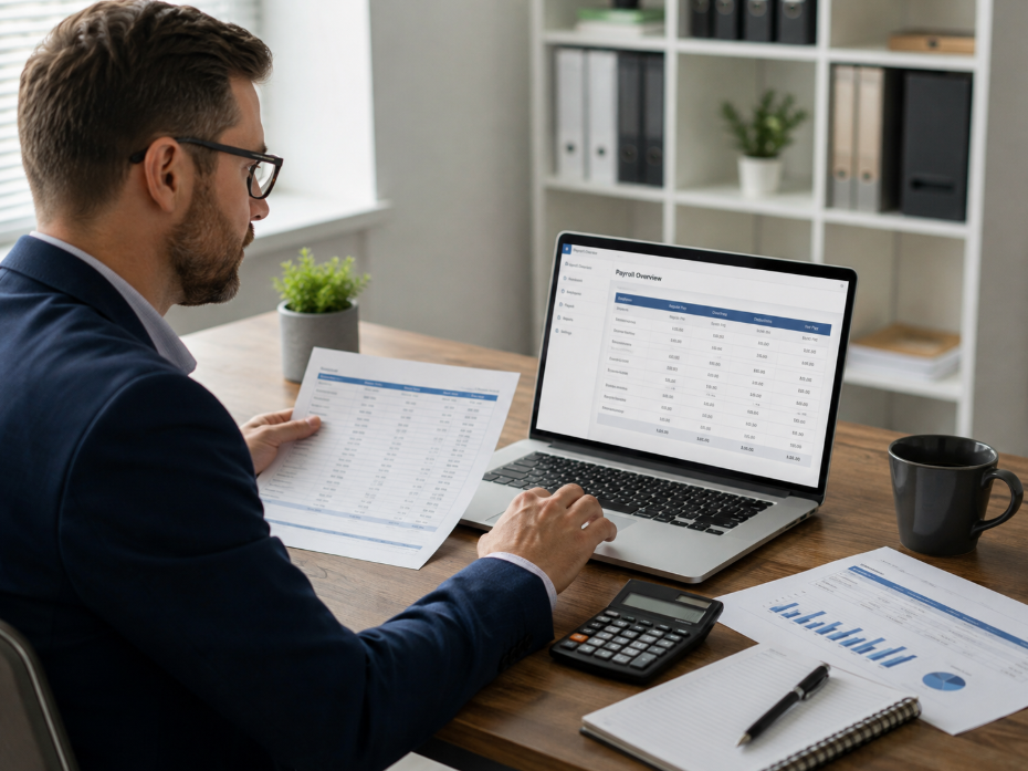 Business owner reviewing payroll records and employee payment reports.